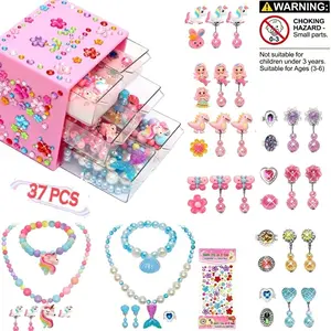 Little Girl Jewelry Set, 37pcs/set Cute Bracelet Ring Necklace for Daughter with Storage Box, Pretend Dress Up Party Favors, Girls Jewelry Set