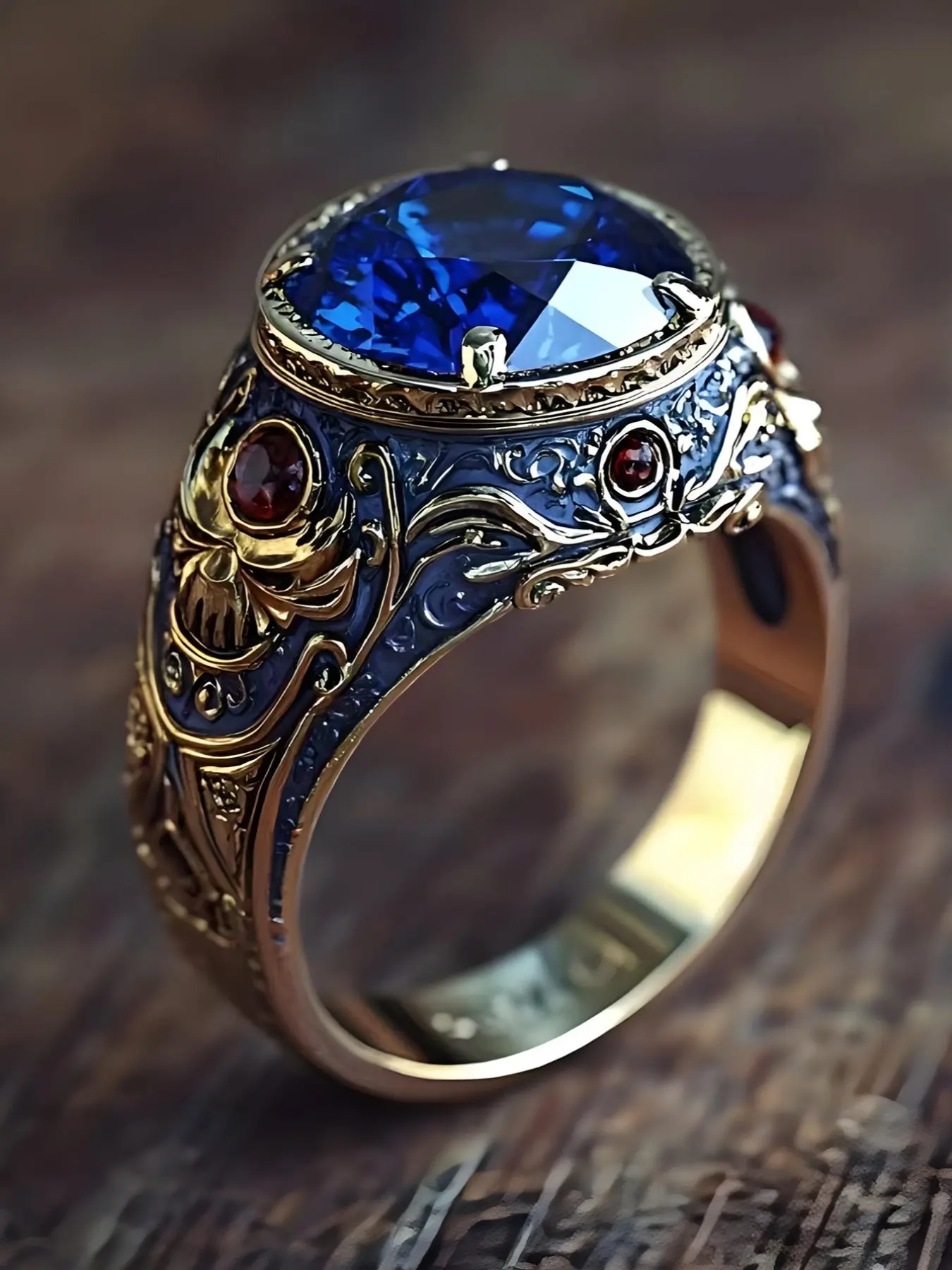 Unisex Classical Elegant Skull Print Blue Zircon Ring, Wedding Engagement Party Jewelry Gift, Geometric Style Zinc Alloy