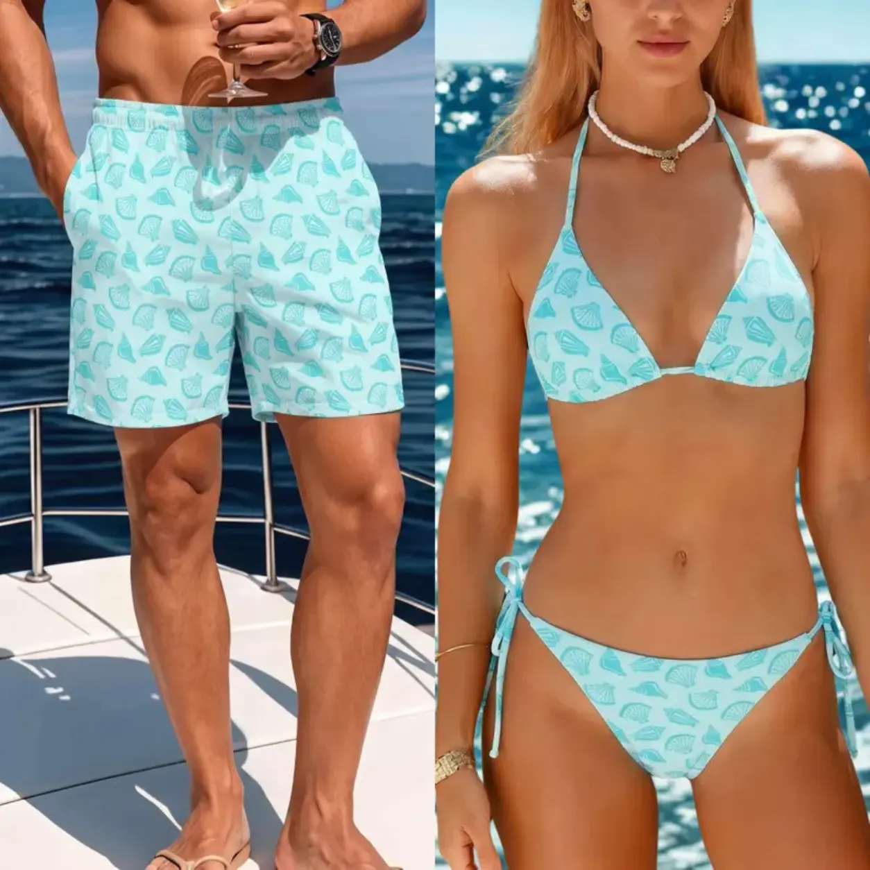 Matching Seashell Couple Swimwear, Aqua Blue Bikini and Men’s Swim Trunks, Tropical Beach Vacation Set