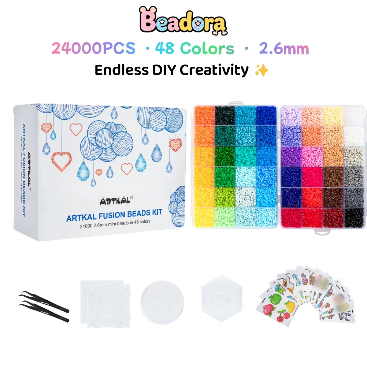 Beadora Mini 2.6mm Colorful Plastic Fusion Beads Kit - 24000 Beads Kids' DIY Mosaics Craft Toy Set with Pegboards, 100 Patterns, 2 Forceps, 2 Ironing Papers, Birthday Gift to Boost Creativity