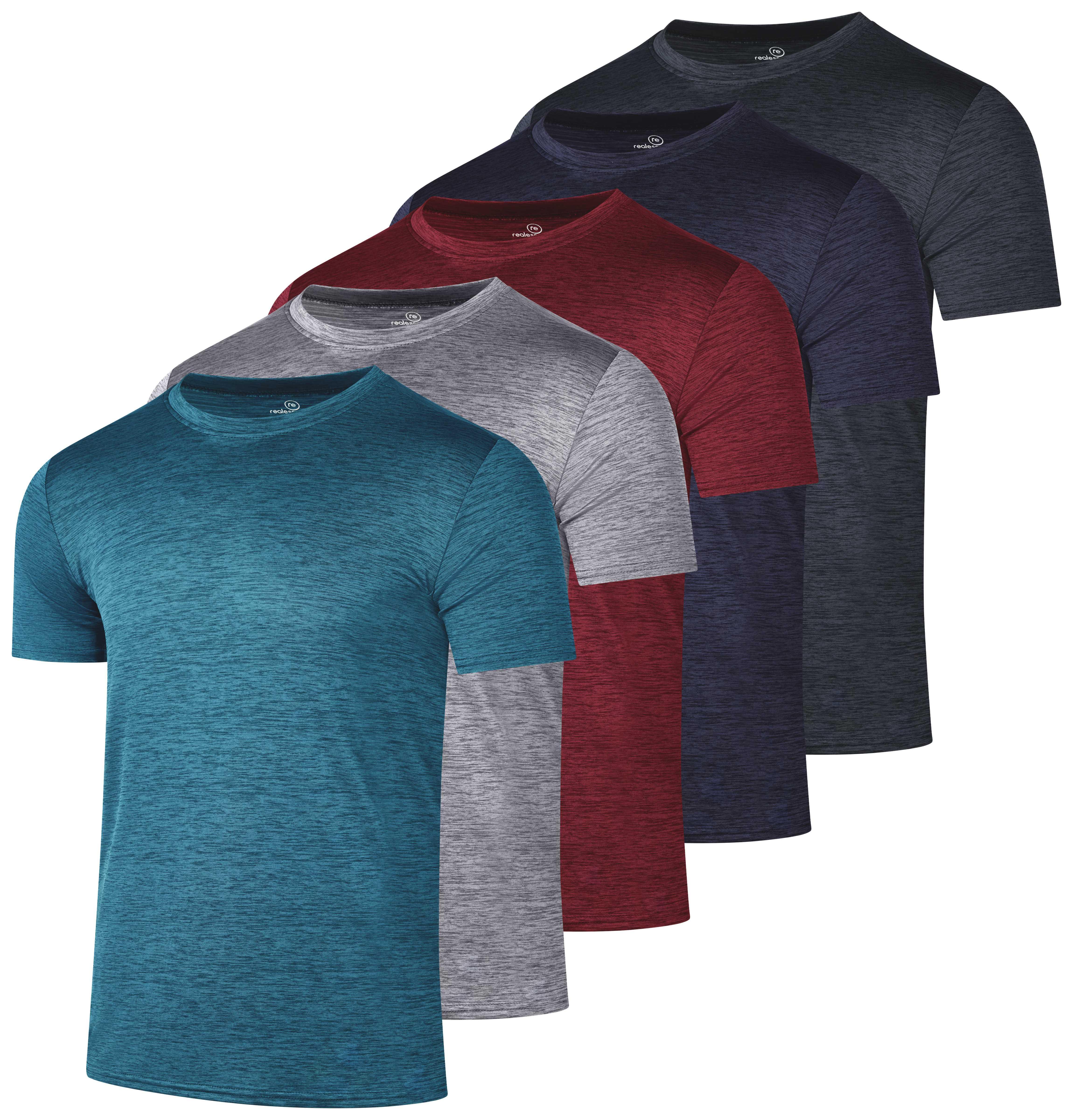 Real Essentials 5 Pack: Men's Dry-Fit Short Sleeve Crew Neck T Shirts Fitness Running Gym Workout Cool Exercise Athletic Tee
