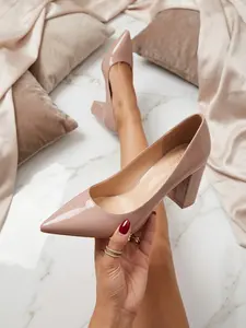 1 Pair Women's Apricot Pointed Toe Block Heel Pumps, Elegant Stylish Office Style, Slip-On Shallow Cut Patent Leather, For Ladies Daily Work & Party