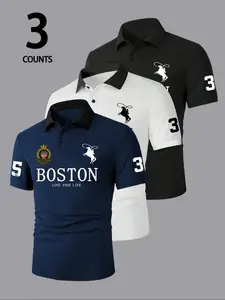 New 3pcs Men's Shirts with Embossed Logo, Casual Short-Sleeve Stand Collar Tops, Classic Sporty T-Shirts, Golf Polo Apparel, Golf Tournament Shirt, Suitable for Holiday & Everyday, Lightweight and Breathable Polyester Blend Material for Summer