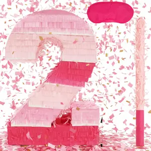 Number 2 Pinatas Bundle with a Blindfold and Bat(16.1 x 11.15 x 4 Inches), Perfect for Boys and Girls Birthday Party Supplies, Pink Theme Birthday Decoration