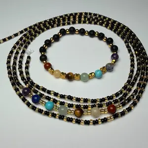 Aligned & Crowned- WaistBead Set with Chakra Stones & Lava Stone Bracelet for Grounding Protection & Balance
