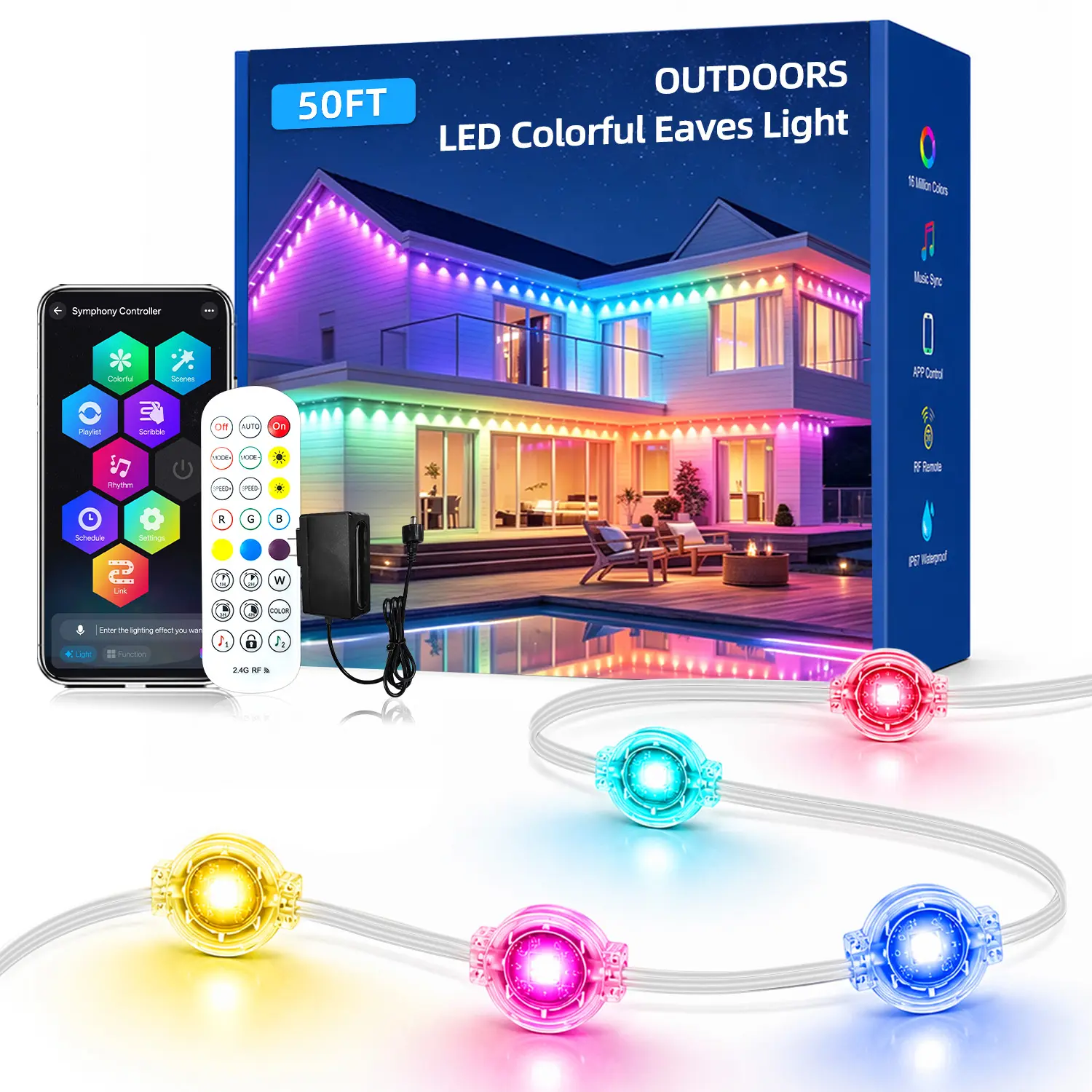 Christmas Halloween Outdoor Eaves Lights RGB+IC 50‑500FT, IP67 Waterproof Permanent Roof Lights, Surplife App & Remote Control, Music Sync, Holiday House Exterior Decor