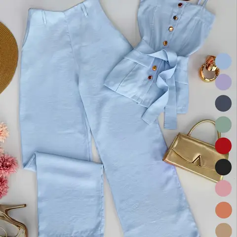 New Women's Solid Color Strappy Top & Long Pants Two-Piece Set, Two Pieces Outfits, Summer Sets, Womenswear, Fitted Outfit, Minimalist Basic Versatile Casual Wear, Comfortable and Stylish, Perfect for Daily Use