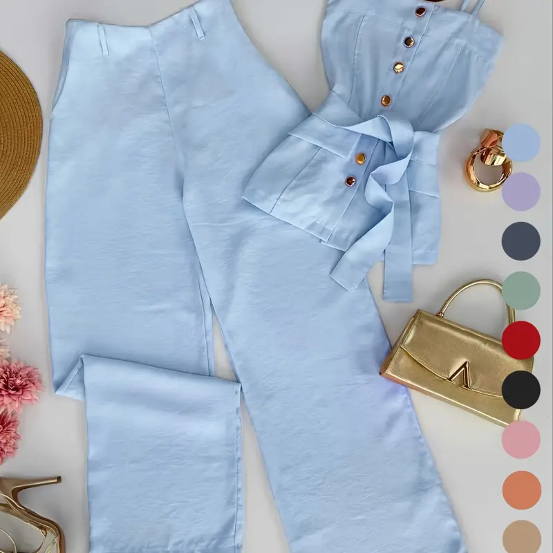 New Women's Solid Color Strappy Top & Long Pants Two-Piece Set, Two Pieces Outfits, Summer Sets, Womenswear, Fitted Outfit, Minimalist Basic Versatile Casual Wear, Comfortable and Stylish, Perfect for Daily Use