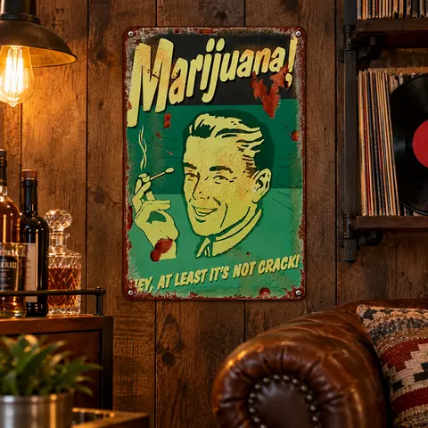 Retro Vintage Metal Tin Decorative Plaque - Whimsical Marijuana Themed 8x12 in Wall Sign with Mount, Funky Home Decoration, Unique Decor for Men's Room, Wardrobe Accent Gift