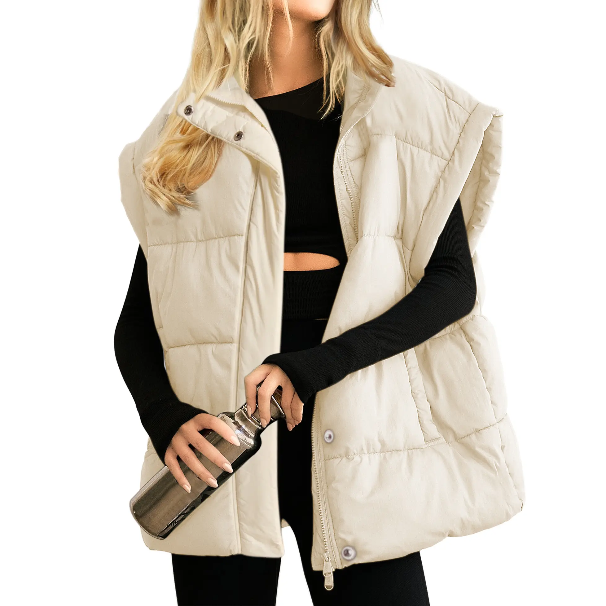 MaLinfandor Womens Oversized Puffer Vest Stand Collar Full Zip Sleeveless Bubble Puffer Vest Quilted Padded Warm Coat Outwear