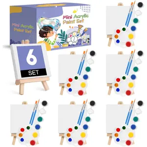 6 Set Mini   Kit,Minis Stretched Canvas with Easel,  Strips, Palettes,Painting Brushes, Mini Canvas and Easel Set for  Artists Beginner,