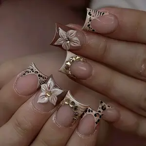 Style Sweet Cool Leopard Nail Art, Full Diamond Rhinestone Design, Detachable Short Fake Nails for Daily Wear & Parties