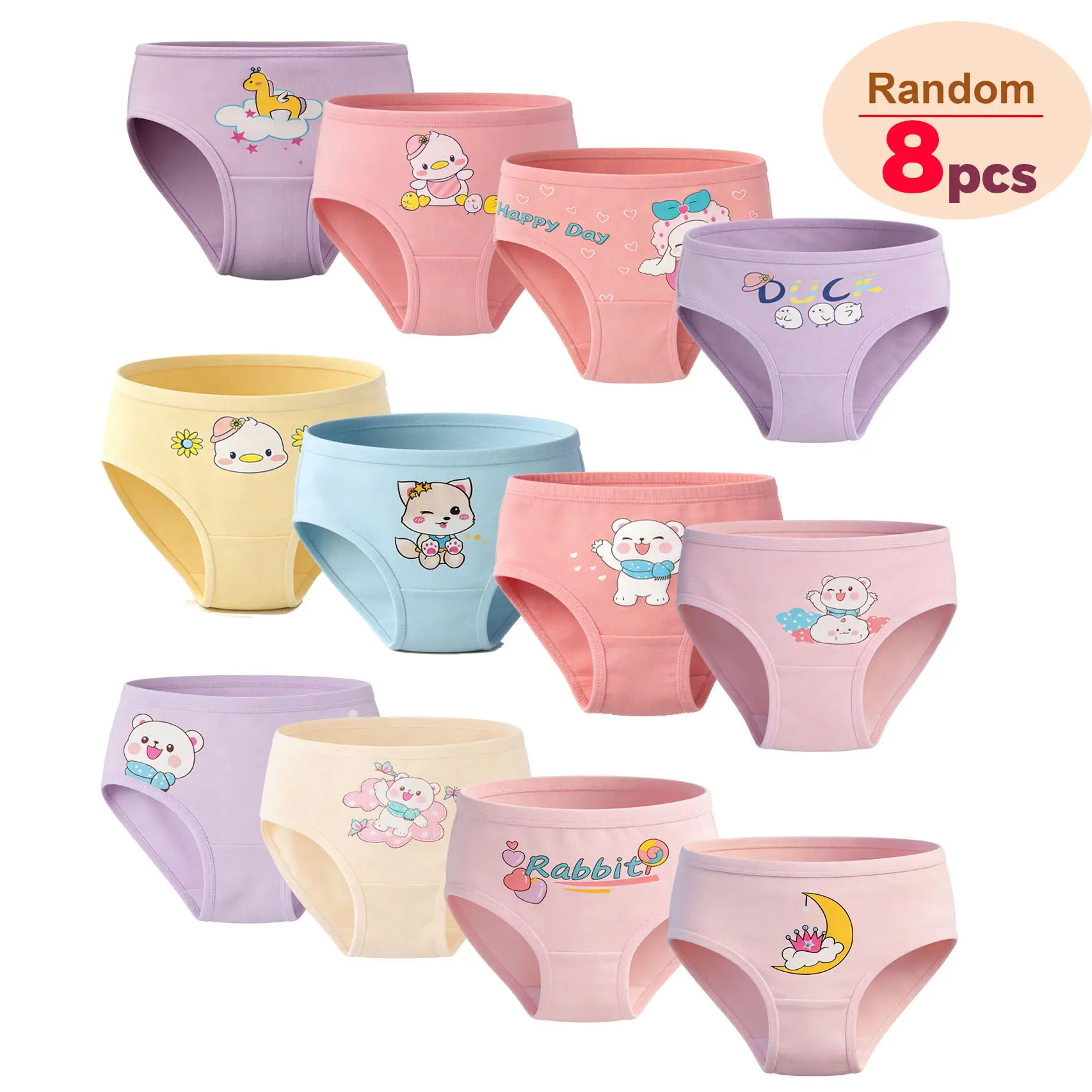 Soft 95% Cotton Girls Underwear Briefs Random 8PCS Cute Cartoon Kids Triangle Panties Breathable For Active Little Girls