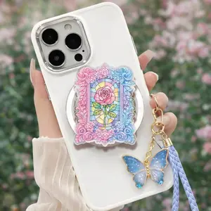 Pink Floral Window Phone Grip, Vintage Rose MagSafe Stand Holder