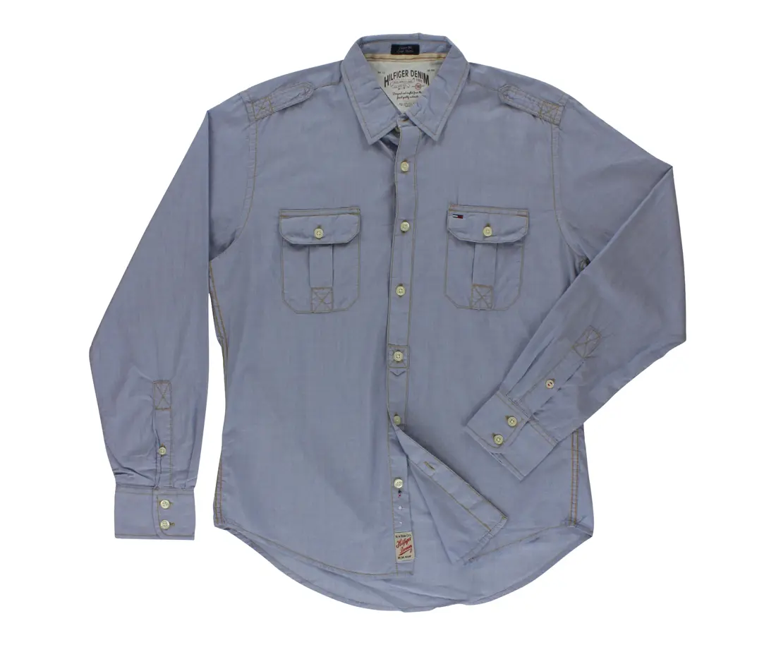 Men's Tommy Long Sleeve Collared Button-Down Denim Dress Shirt, Menswear Top Clothes