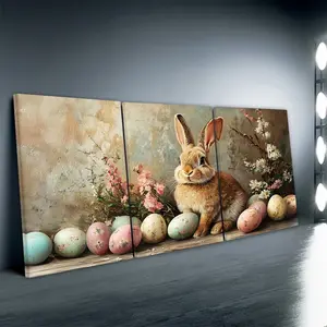 3pcs/Set Wooden Framed, Vintage Easter Rabbit & Eggs Print Wall Art Canvas, Easter Bunny Oil Painting, Spring Farmhouse Wall Decor, Easter Holiday Poster, Wall Pictures, Ideal For Bedroom, Office, Living Room, Home Decoration, Perfect Gift Idea