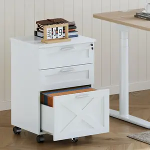 Garvee filing cabinet, mobile pedestal, office cabinet, with 3 drawers, lockable, office filing cabinet with hanging file compartment - 48 x 40 x 68 cm, white