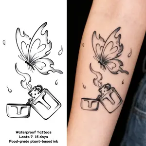 Waterproof temporary tattoo sticker magic tattoo lasting 7-15 days moth to flame lighter pattern herbal juice semi permanent tattoo simulation tattoo Arm tattoo