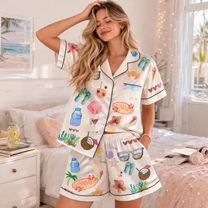 Summer Beach Pajama Set Women Satin Polyester, Cute Tropical Print PJ Set, Button Down Short Sleeve Sleepwear, Vacation Loungewear Gift
