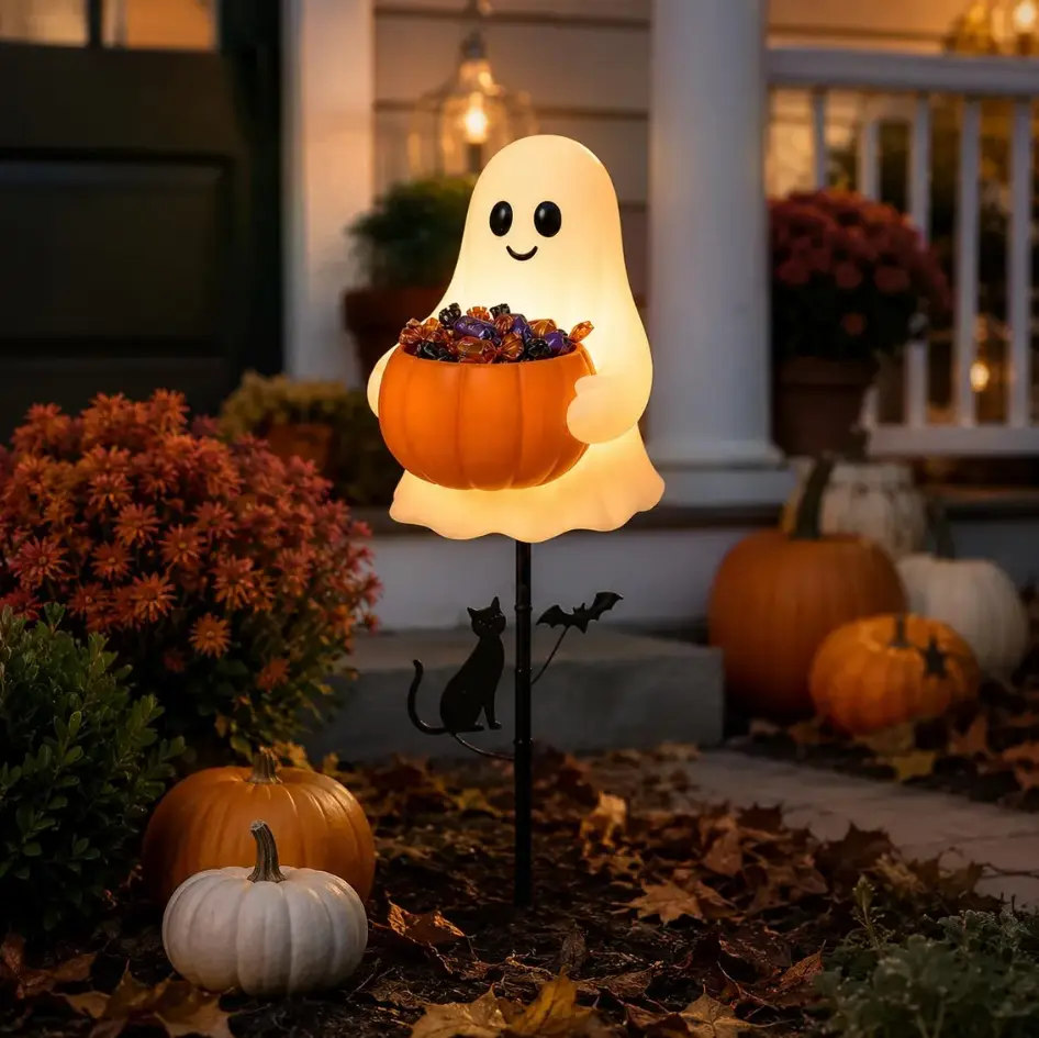 Halloween Solar LED Light-Up Cute Ghost Metal Candy Bowl Garden Stake - Black Cat, Bat Gothic Yard Sign, Waterproof Lawn Ornament, Pumpkin Holder for Pathway Gifts, Photo-Worthy Porch Outdoor Decor