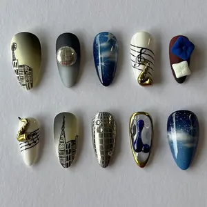 Galaxy Music 3D Press On Nails City Night Sky Set | Saxophone Chrome Star Nails Disco Ball Nails | Handmade Luxury Statement Nails