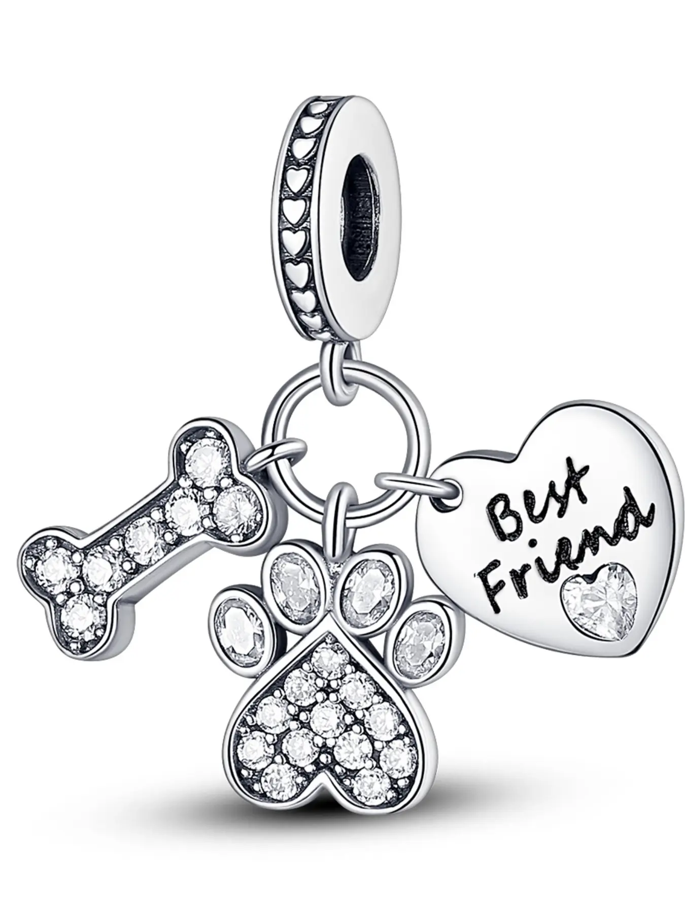 Cute Silver Color Dog Paw Print Bone Heart Pendant with Zircon Stones, Personalized Engraved Charm for DIY Jewelry Making, Casual Pet Lover Gift