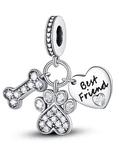 Cute Silver Color Dog Paw Print Bone Heart Pendant with Zircon Stones, Personalized Engraved Charm for DIY Jewelry Making, Casual Pet Lover Gift