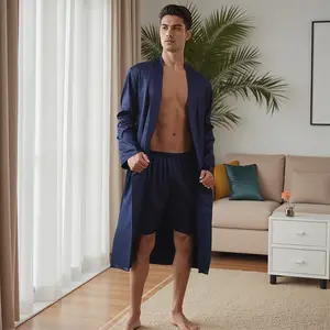 Men's pajama shorts set, summer homewear bathrobe thin sleepwear, long-sleeve cardigan for leisure at home, two-piece imitation silk pajamas for spring and autumn, suitable for wearing at home and in bathhouses