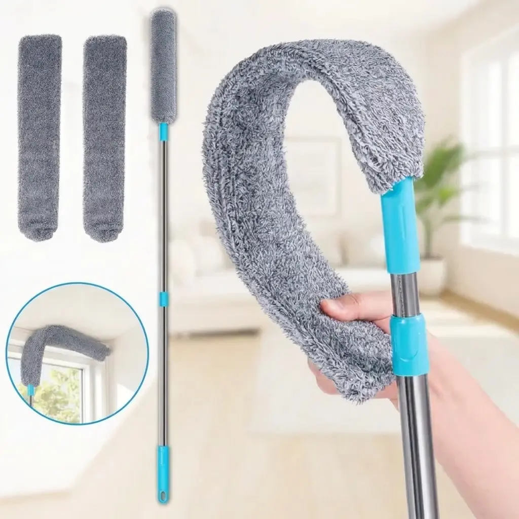 Bendable Microfiber Duster with Extendable PP+Steel Pole, Flat Shape Washable Reusable Head - Cleans Vents, Blinds, Tight Spaces for Home & Car Office Cleaning Supplies