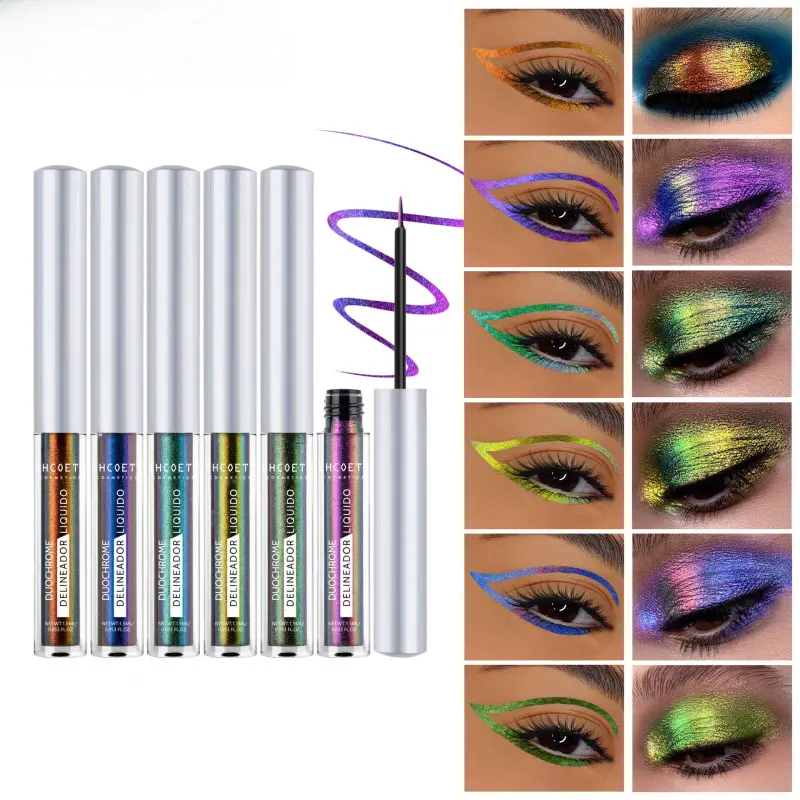 6Pcs Chameleon Liquid Eyeliner, Duochrome Shimmer Glitter Eyeliner Kit, Waterproof 24 Hours Long Lasting Smudge Resistant Color Shift Metallic Eye Liner, Ultra Thin Tip for Vibrant Party Eye Makeup Looks