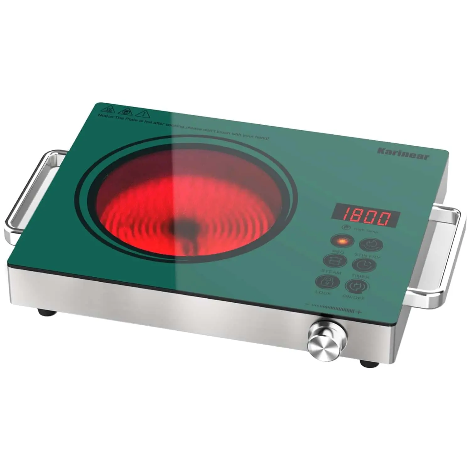 Karinear 1800W Corded Compact Electric Single Burner - Ceramic Infrared Countertop Hot Plate with Handle, Knob Control, Timer Control, Safety Lock, Cast Iron, Stainless Steel, Copper for Household Kitchen Cooking, Cast Iron Pans, Adjustable