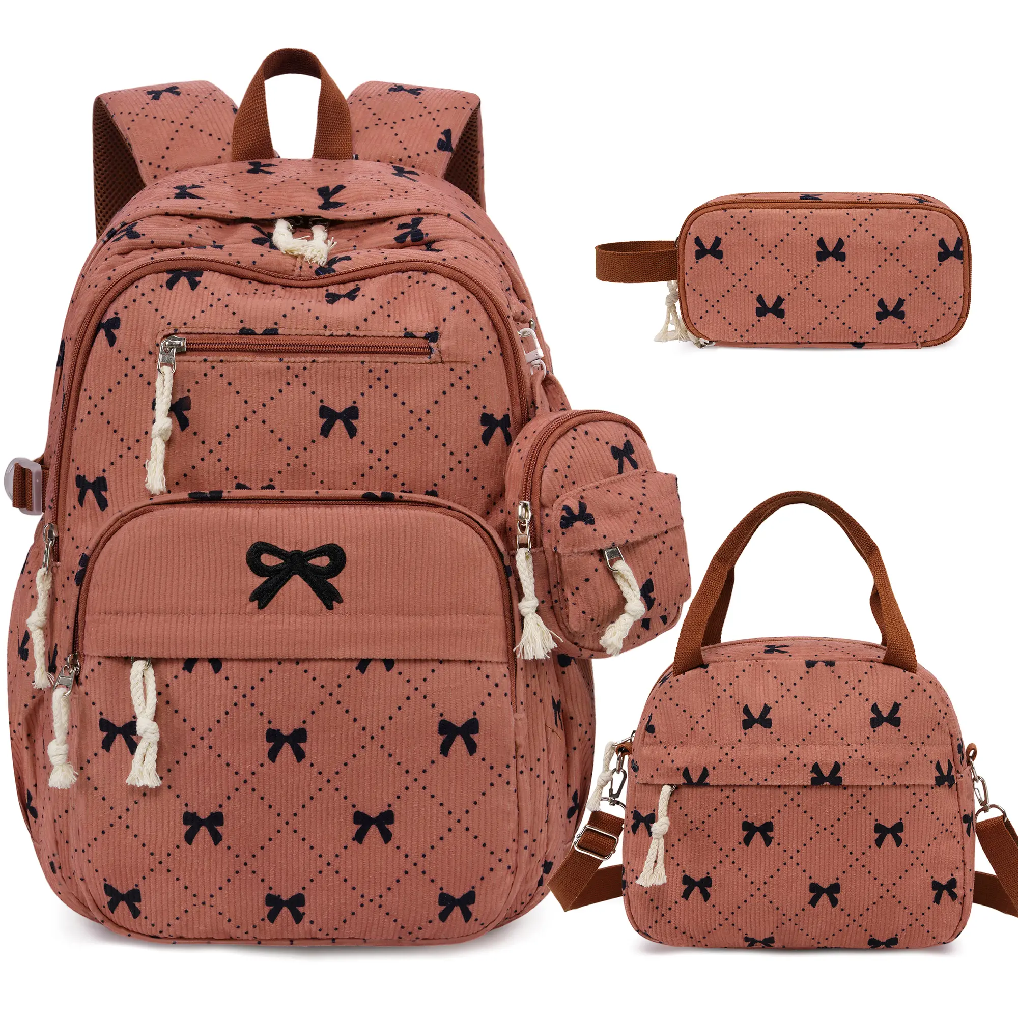 Similove 3PCS Corduroy Backpack Bundle Set with Lunch Box & Pencil Pouch, School bag for Elementary Middle School,Back to School Gift,Birthday's Gift