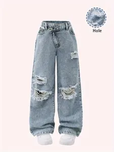 Teen Girls' Y2K Street Style Casual Light Wash Denim Jeans, Soft Comfortable Distressed Jeans Ripped Loose Fit, Perfect for All Seasons Wear