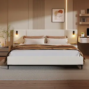 Bellemave Chic Boucle Upholstered Bed with Integrated Lights & Shelves 86.93x110.16x41.73 Inches King/Queen Size White Finish Artistic Home Decor