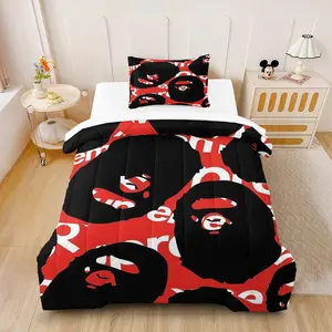 Red Black Ape Head Camouflage Comforter Set - Durable Material Comfy Bed Sets, 1 Quilt + 1/2 Pillowcases, 3D Printed Streetwear Bedding for Kids Teens, Perfect Urban Bedroom Decor, Twin/Full/Queen Sizes
