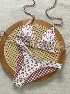 Women's Summer 2-Piece Random Floral & Plaid Print Triangle Halter Bikini Top And Bottom Set, Beach Vacation Swimwear