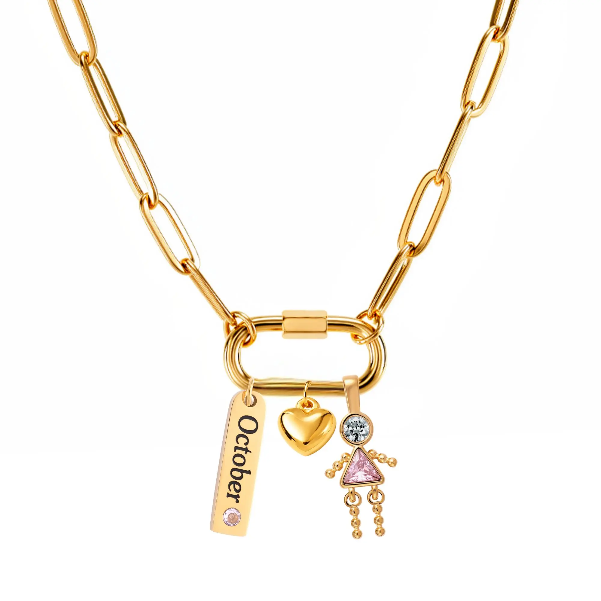 Paperclip Chain Plated Gold Carabiner Birthstone Charm Necklace for Women