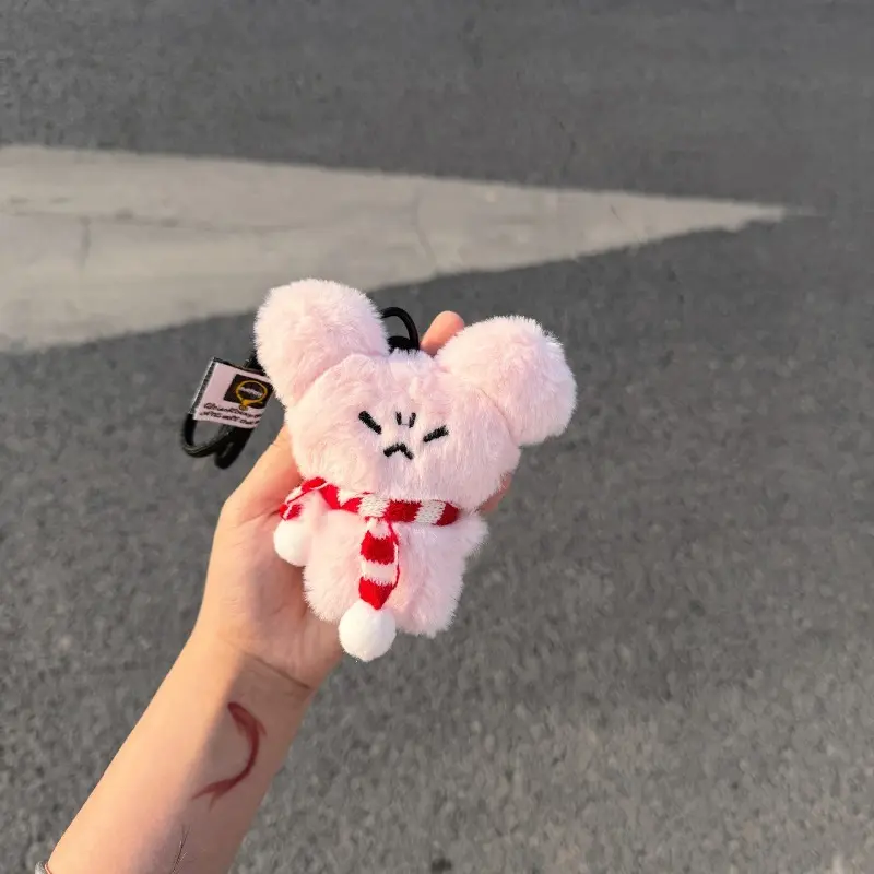 Cute Grumpy Pink Mouse Plush Keychain, Fluffy Angry‑Face Rat Bag Charm with Striped Scarf, Kawaii Animal Pendant