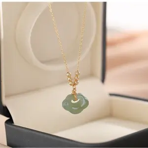 Natural Hetian Jade Pendant, Vintage Nephrite Lock Necklace