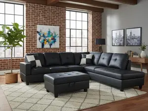 3 PC Sectional Sofa Set Faux Leather Left-Facing Sofa with Free Storage Ottoman for Modern Living Room