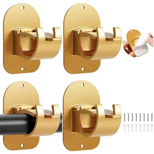 No Drill Self Adhesive Curtain Rod Hook - Upgrade Large Plastic Curtain Rod Brackets Renter Friendly Hanger (4PCS Gold)