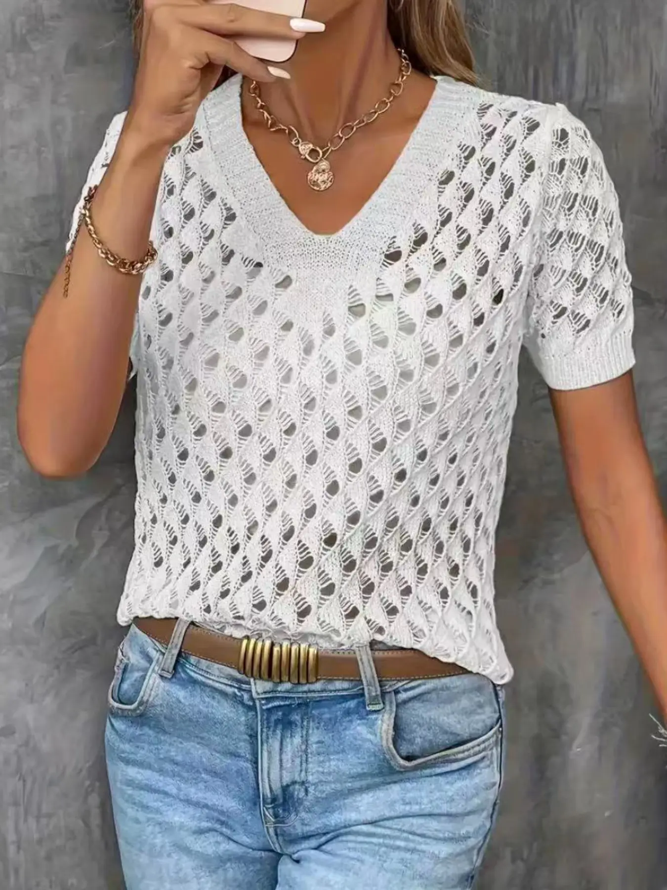Women's V Neck Hollow Out Knitted Short Sleeve Hoodie, Thin Summer Casual Loose Fit Basic Top, Elegant Breathable Pullover Sweater, Casual Chic Jumper, Knitwear Womenswear