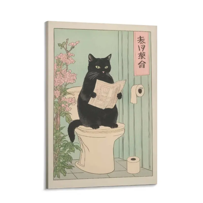 Japanese Black Cat on a toilet Poster, Funny bathroom print, Toilet poster, Japan cat wall art, Aesthetic minimalism, Neutral Japandi print neutral japandi posters room decor home decor picture wooden frame humor