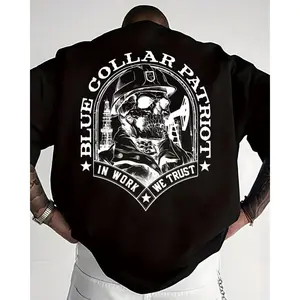 [Made in USA] Blue Collar Patriot Graphic T-Shirt, Skull Oilfield Worker Hard Hat Tee, In Work We Trust American Pride Shirt, Working Class USA Graphic Tee, Casual Everyday Wear, Gift Idea for Him