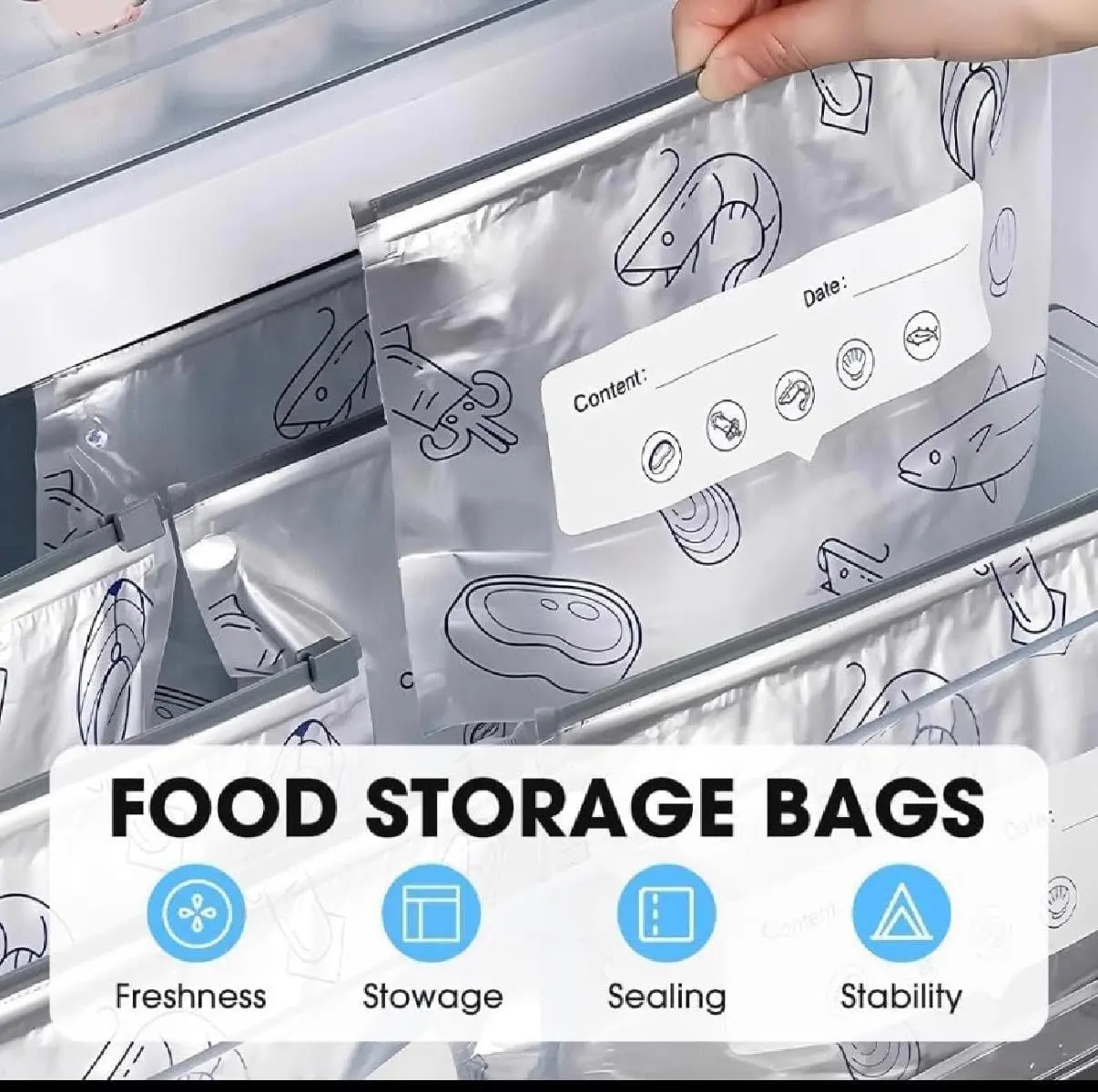 30 Pcs Reusable Aluminum Freezer Bags, Water Proof & Leak Proof Zipper Sealable Bags for Food Storage, Stand Up Foil Freezer Bags with Label & Zip Lock for Vegetable Fruit Meat（S+M+L）