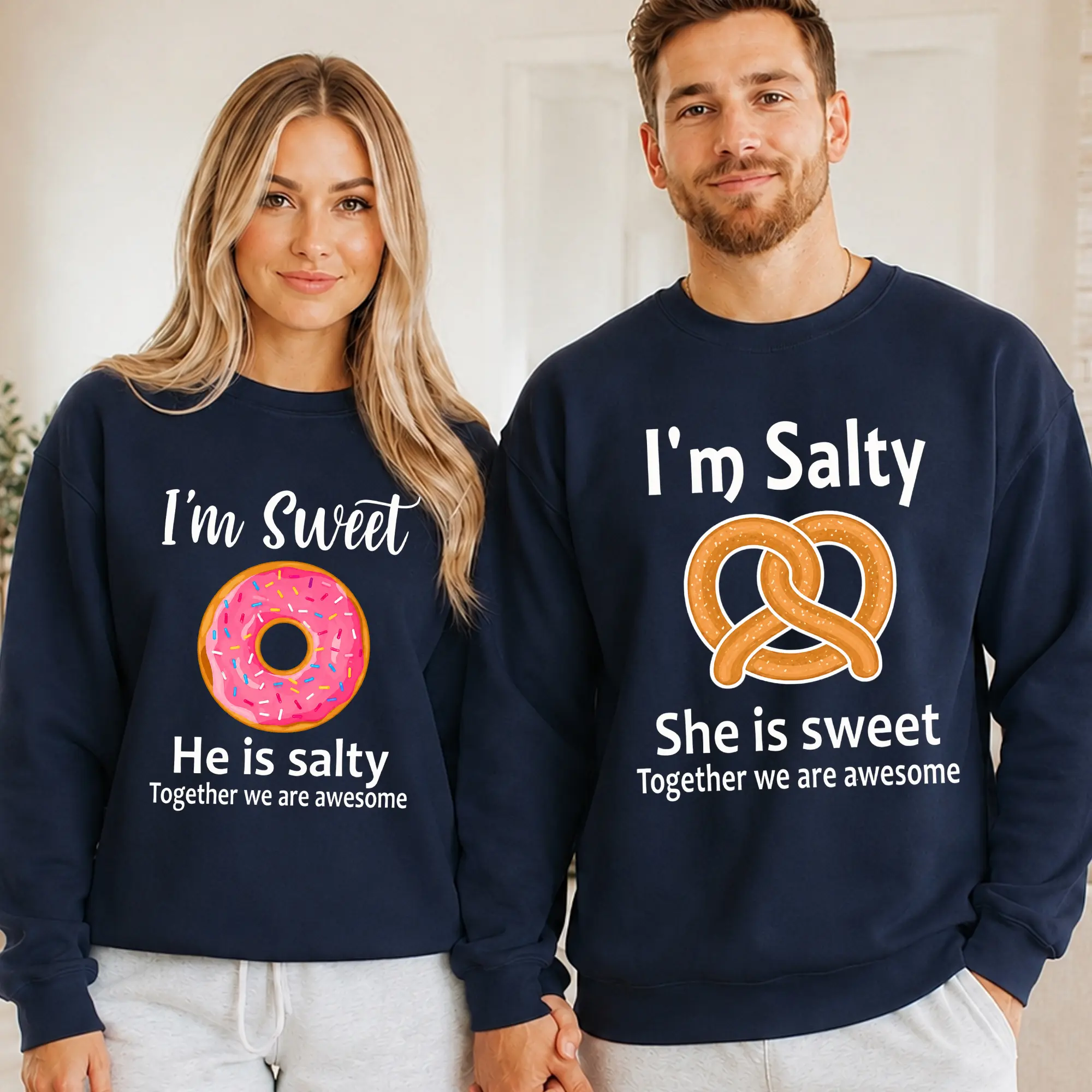 Sweet and Salty Couple Sweatshirt, I’m Sweet I’m Salty Funny Couple Crewneck, Donut Pretzel Graphic Sweater, Couples Gift, Boyfriend Girlfriend Shirt, Anniversary Gift