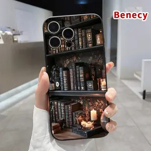 Vintage Bookshelf Pattern Straight Edge Phone Case for iPhone 15 16 14 Pro Max 13 12 11 XR XS Plus E Shockproof Drop Protection Rugged Durable Liquid Silicone Cover Cellphone Protective
