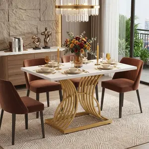 Modern White 47 Inch Dining Table for 4 People, Kitchen Breakfast Dinette Table with Gold Metal Legs, Minimalist Rectangular Dinner Table for Dining Room, Kitchen, Apartment, Small Space, Restaurant