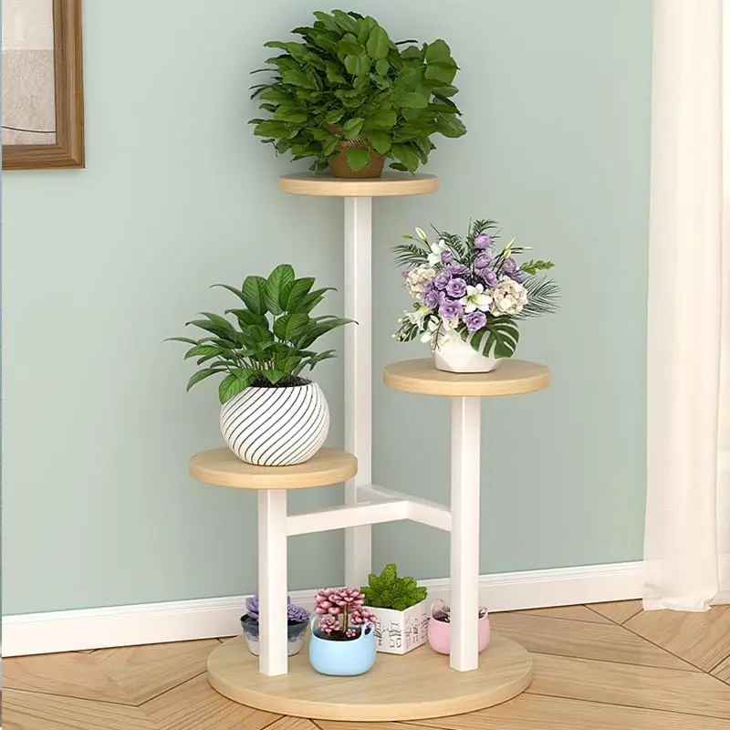 4 and 5 Tier Metal Plant Stand with Round Wooden Shelves, Indoor Multi-Level Flower Pot Display Rack for Living Room, Balcony (4 tier)