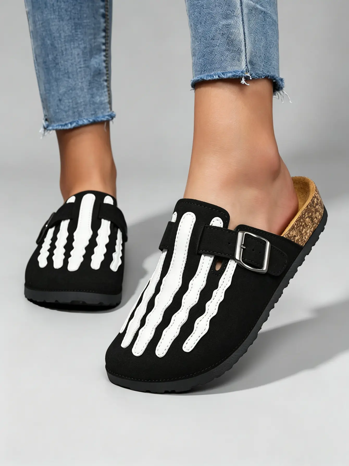 Women’s mule shoes — gothic Halloween slip-on slides with adjustable buckle, cedar insoles, avant-garde street design, slippers